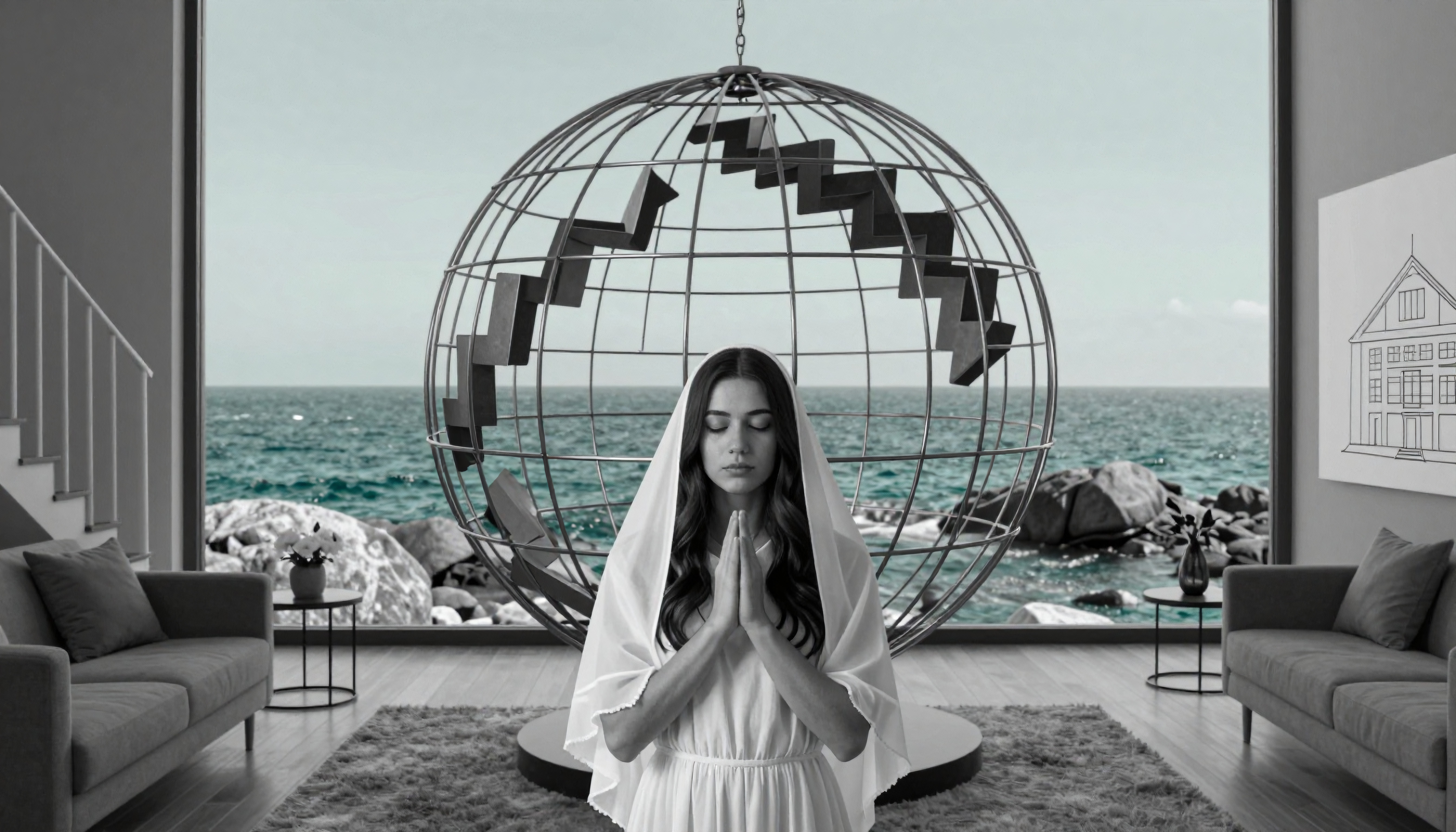 Woman in Veil Before Large Globe Window