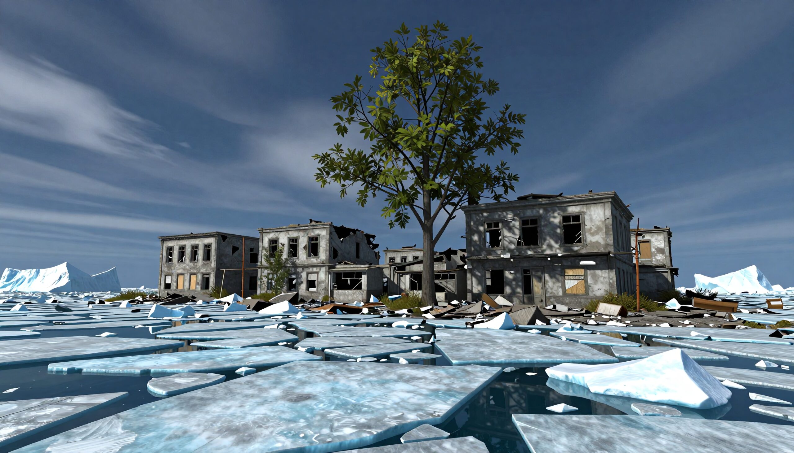 Abandoned buildings in icy wasteland