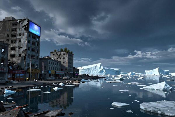 A desolate cityscape with icebergs reflecting on the water, set against an overcast sky, suggesting urban decay and environmental themes.