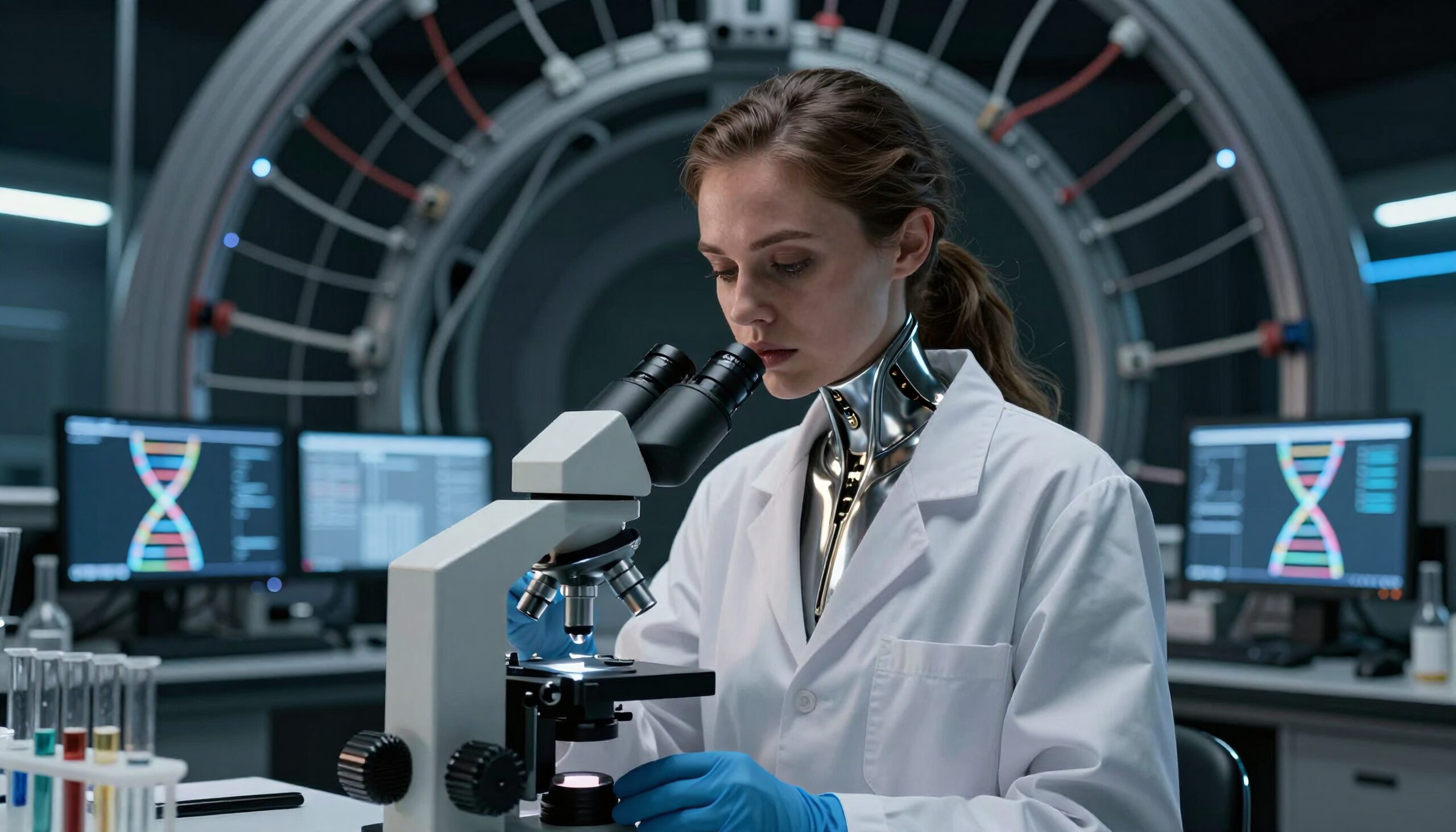 Futuristic Scientist Analyzing Samples