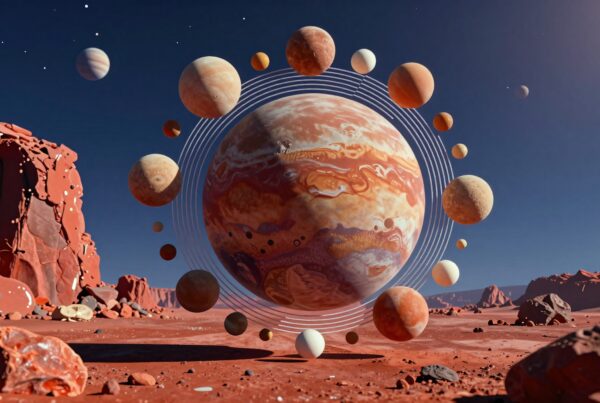 A swirling planet surrounded by smaller celestial bodies, against a rocky Martian landscape and deep blue sky, illustrating cosmic vastness.