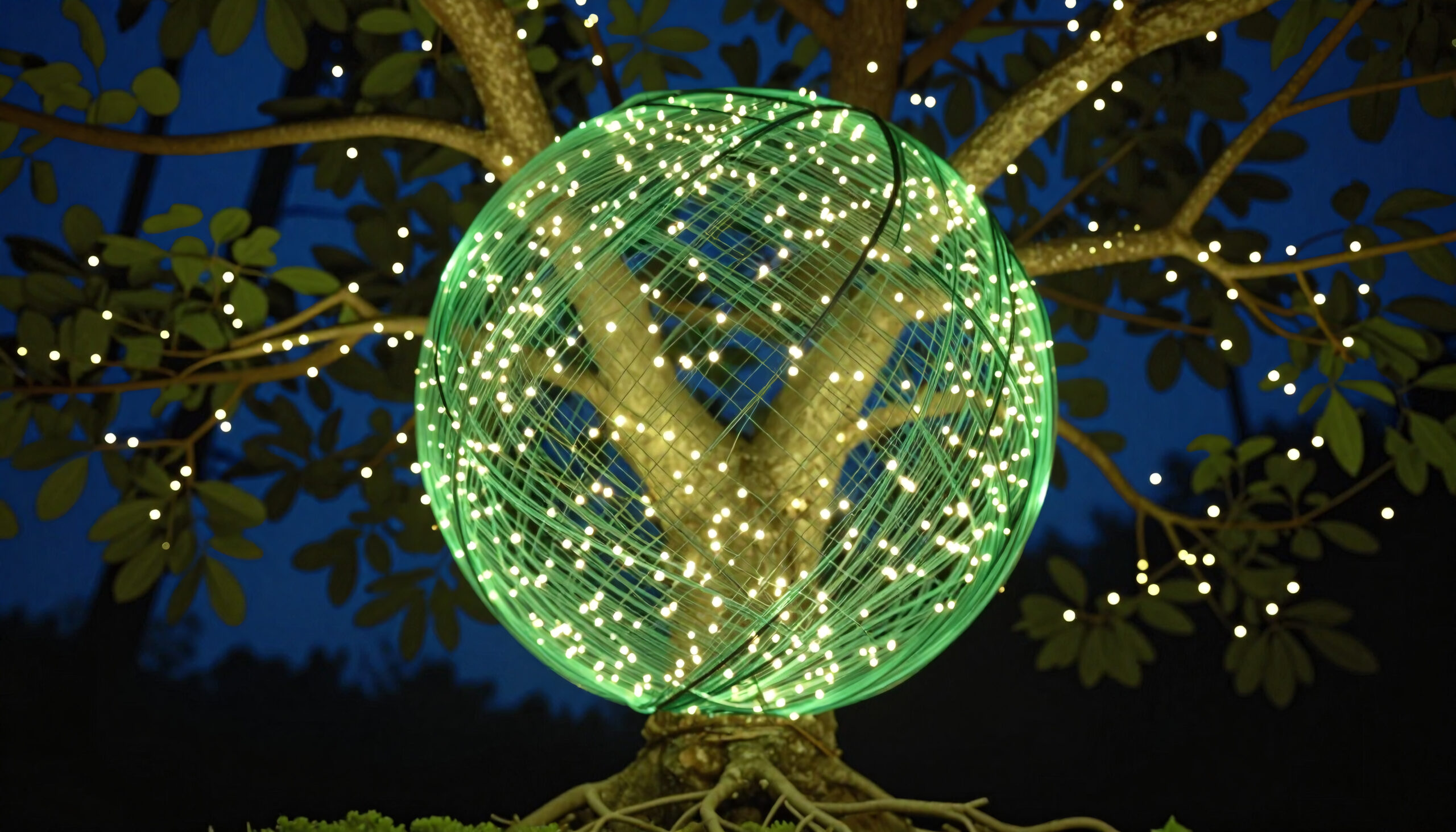Glowing Green Sphere on Tree at Night