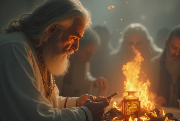 A man with long white hair is focused on a phone beside a glowing flame.