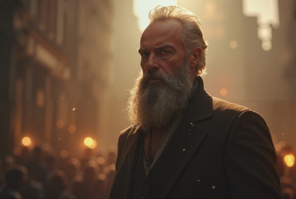 A distinguished man with a gray beard stands solemnly in a sunlit city street, surrounded by the warm glow of golden hour and a bustling backdrop.