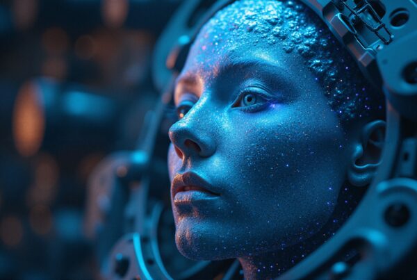 A woman with metallic blue skin adorned with shimmering specks, wearing intricate headgear in a futuristic, sci-fi setting.