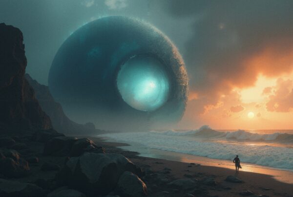 A mysterious glowing sphere hovers over a beach at sunset.