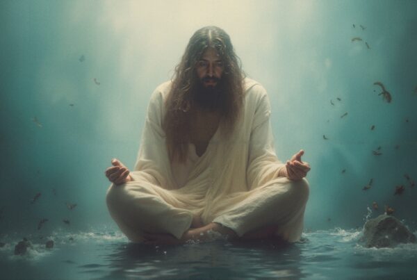 A serene figure meditates on water, surrounded by soft light and floating leaves, evoking tranquility and spirituality.