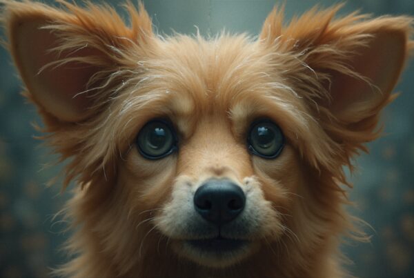 Close-up of a cute, fluffy dog with large expressive eyes and a soft, blurred background.