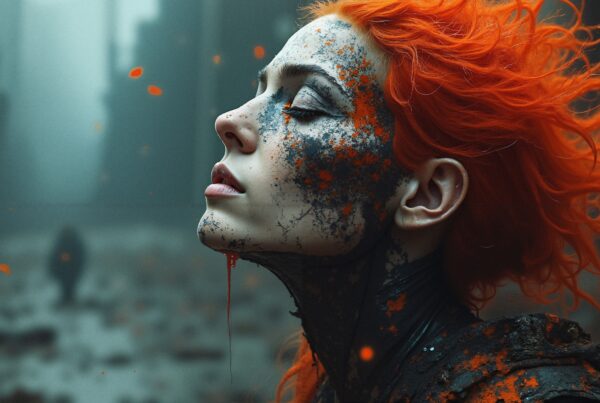 A person with vibrant orange hair and face art amidst a misty urban background.
