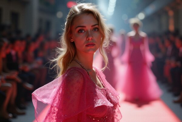 A model in a dazzling pink dress walks down a lit runway during a fashion show.