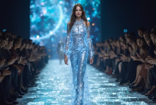 A model in a sequin gown struts down a blue-lit runway at a glamorous fashion show.