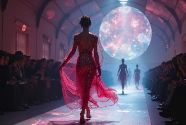 Model in red gown walks runway under ethereal lighting in futuristic setting filled with an attentive audience.