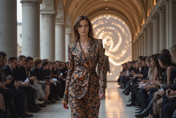 A model in a floral-patterned suit walks down a grand runway flanked by an engaged audience and swirling background lights.