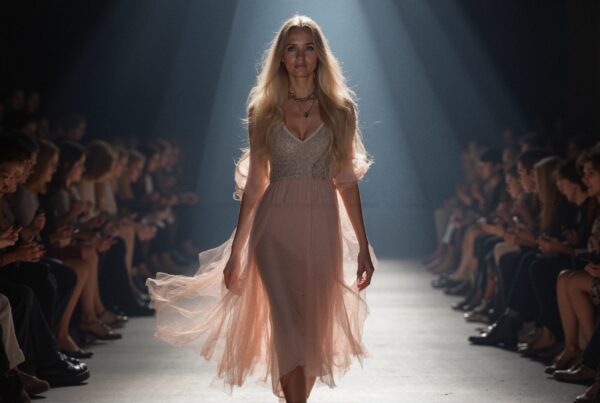 Elegant model in pink gown walking runway during fashion show.
