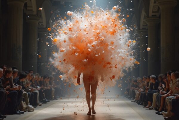 Model walking runway in exploding orange-white particle costume during fashion show