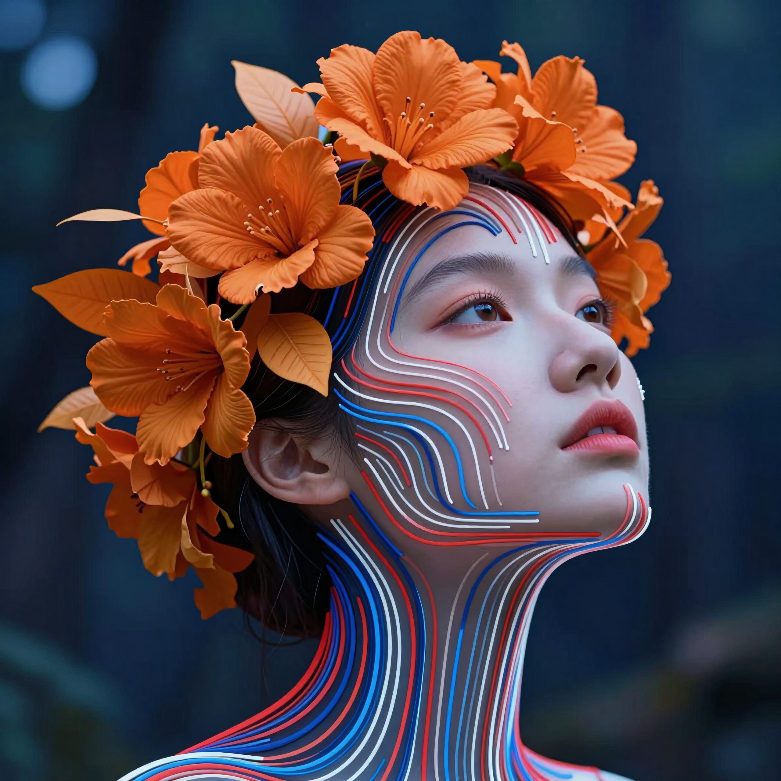 Floral Portrait with Digital Lines