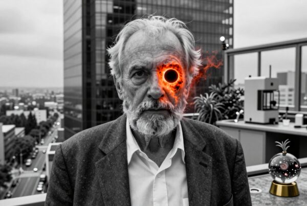 An elderly man on a rooftop with a fiery black hole eye in an urban setting.