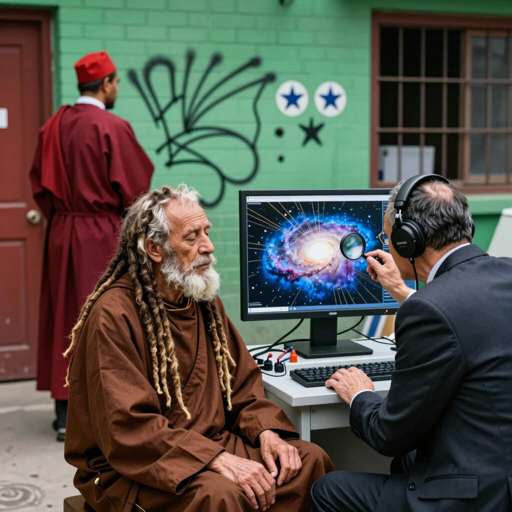 Scholar and Executive Examining Galactic Data on a Digital Displ