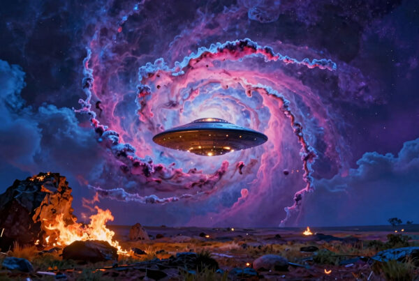 UFO Landing at Dusk: Cinematic Sci-Fi Scene with Celestial Vorte