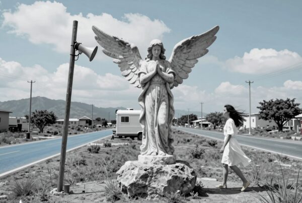 A woman in a white dress walks towards a grand angel statue with outstretched wings on a rural road.