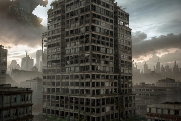 A desolate urban landscape with an abandoned high-rise, surrounded by a decaying cityscape under ominous clouds.