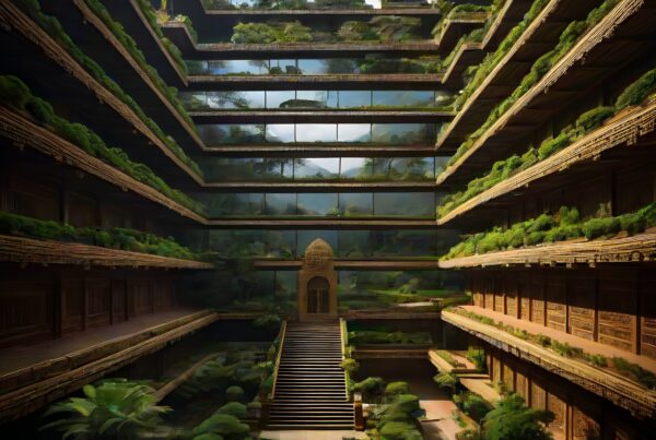 A multi-level building with lush greenery and terraces.