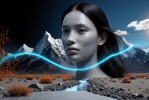 A digital face blends with a mountain landscape, showcasing the fusion of technology and nature.