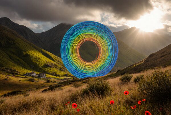A surreal colorful circle amidst scenic mountain landscape with sunset and red poppies.