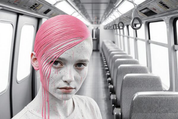 A person with pink hair in a monochrome train.