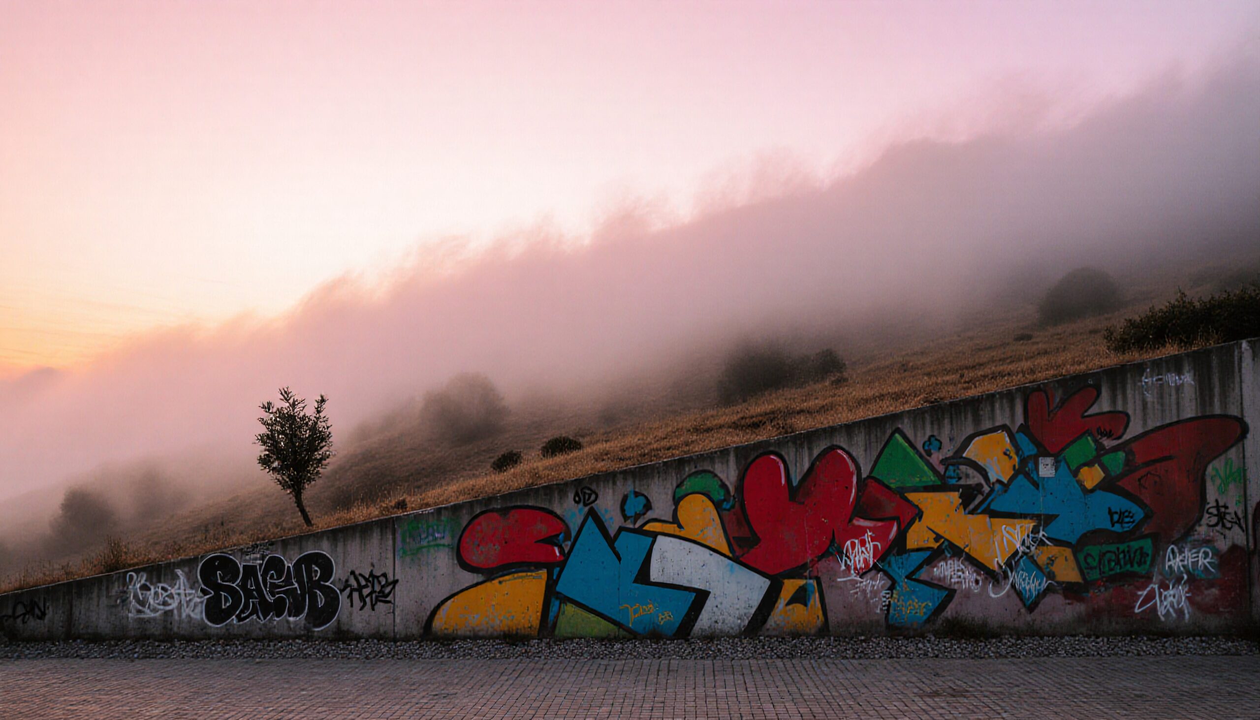 Colorful Graffiti Against Misty Hills