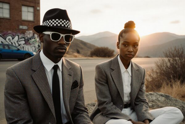 Two people in checkered suits sitting at sunset by a roadside, urban backdrop.