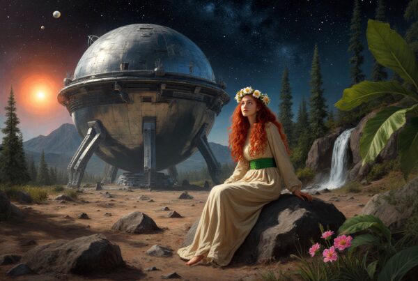 A red-haired woman in a floral crown sits near a futuristic sphere in a serene forest landscape.