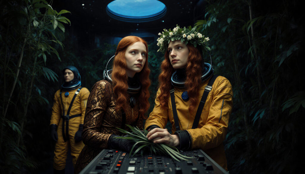 Enigmatic Portrait of Three People Surrounded by Jungle Foliage