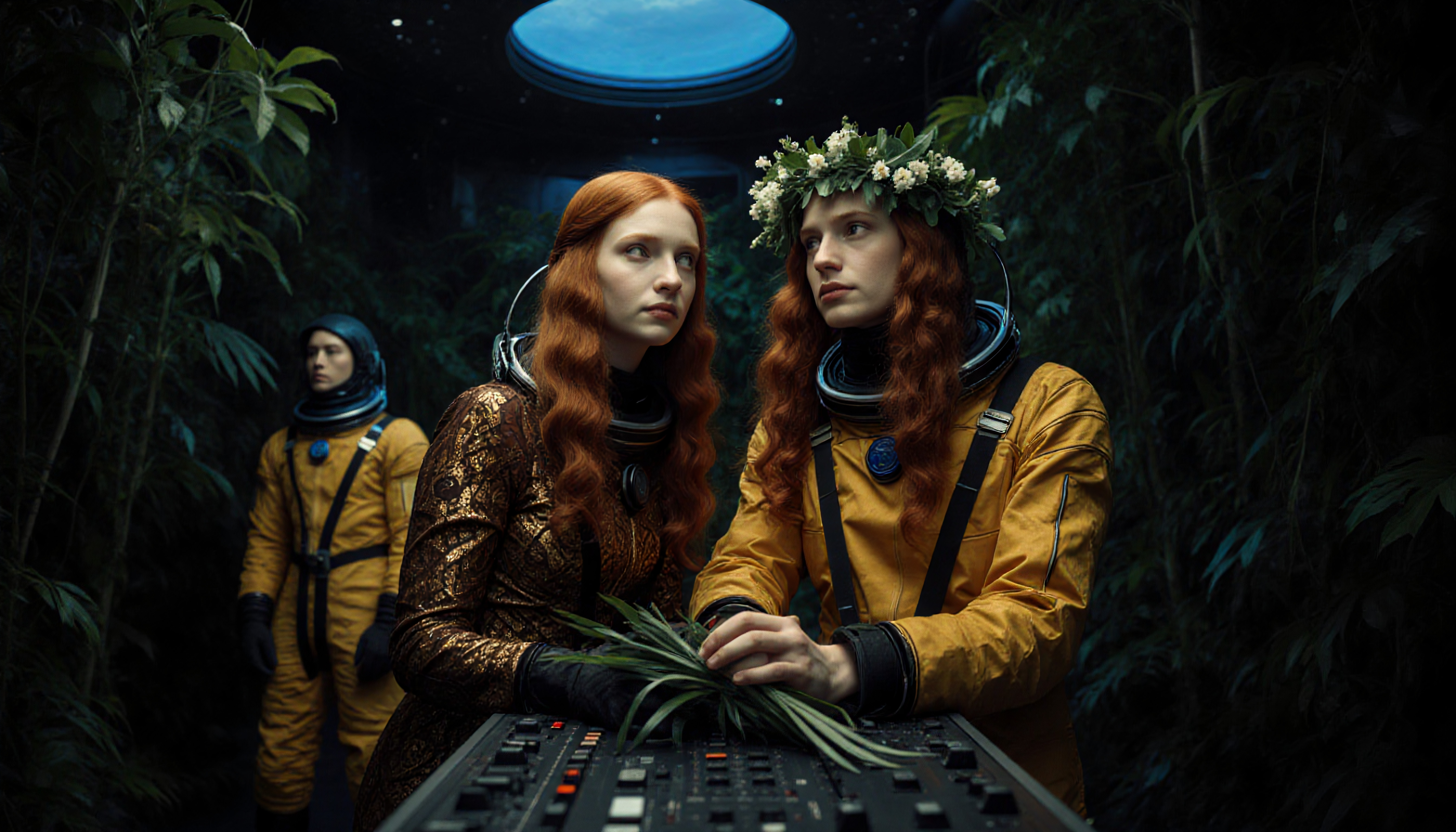 Portrait of Three People Surrounded by Foliage