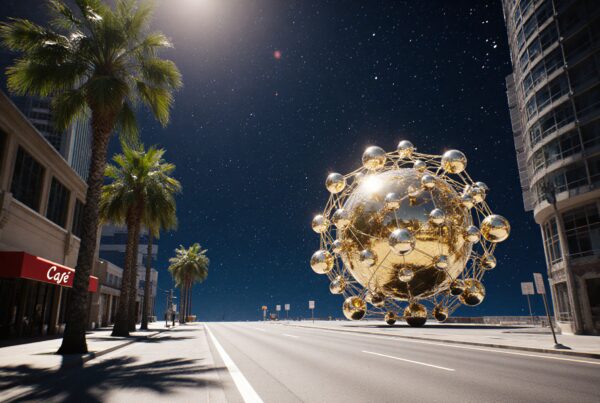 Futuristic metallic sphere in cityscape under starry sky.