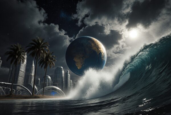 Futuristic city with towering skyline under massive wave and cosmic night sky.
