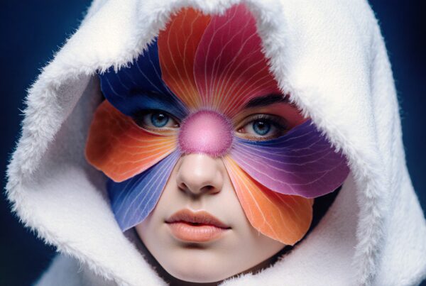 Artistic portrait with colorful floral mask.