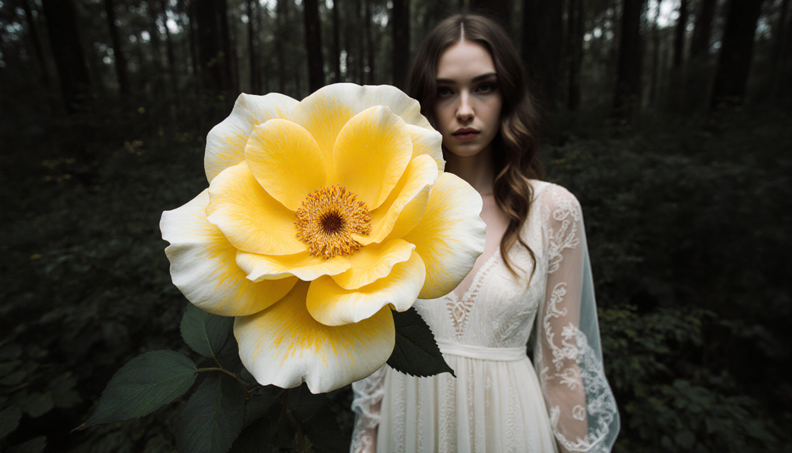 Elegant Woman with Yellow Rose in Forest