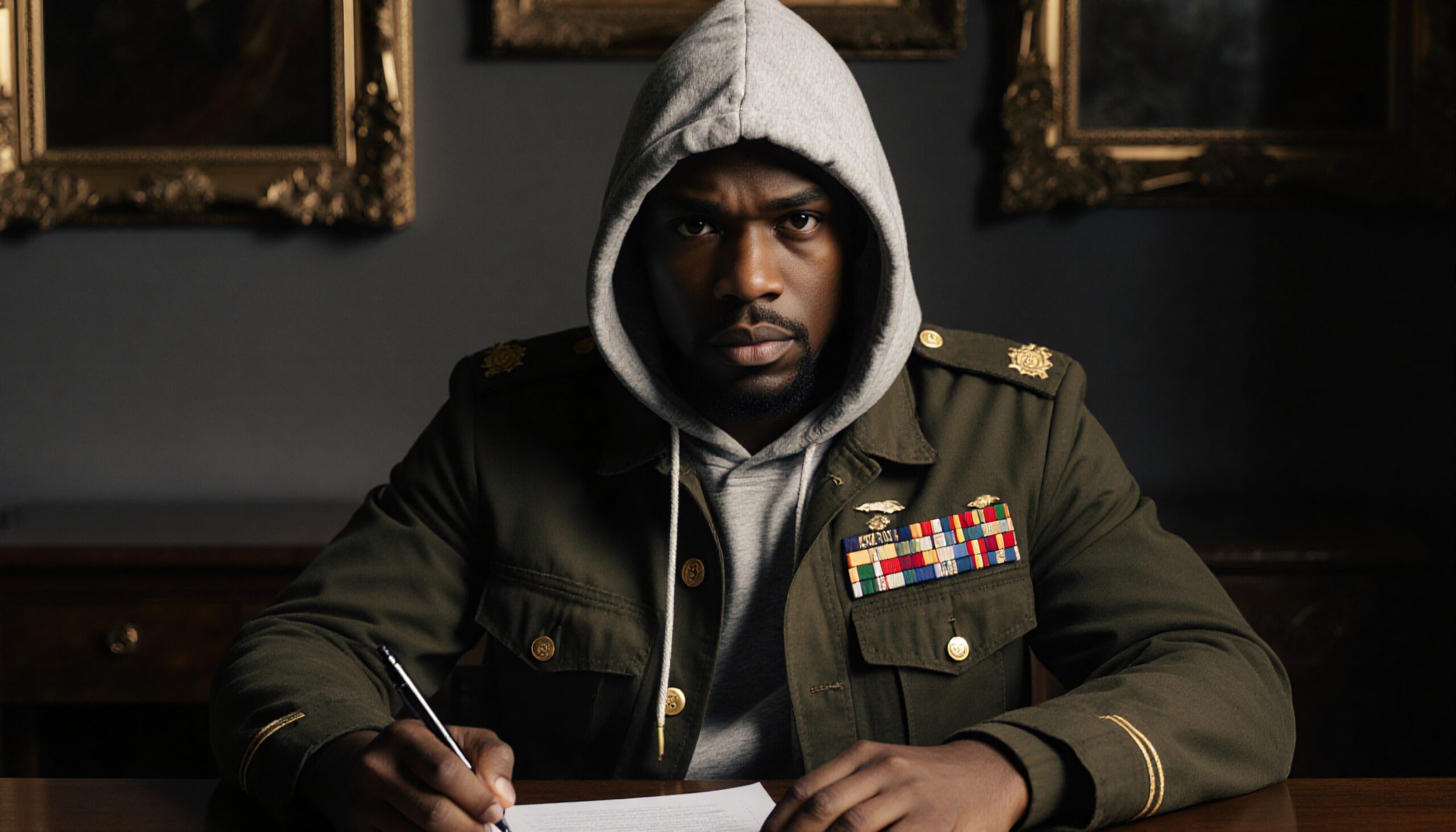 Focused Individual in Military Attire