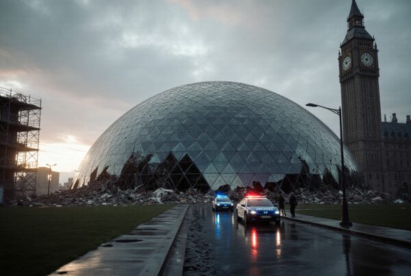 A partially collapsed glass dome near Big Ben with police cars and debris in a wet, dramatic cityscape at dusk.