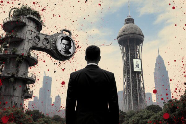 A man in a suit stands before a surreal cityscape, featuring unusual towers and dramatic red splotches in the sky.
