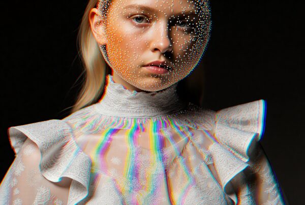 A woman in an embellished blouse gazes into the camera, her face adorned with shimmering beads and rainbow accents against a dark background.