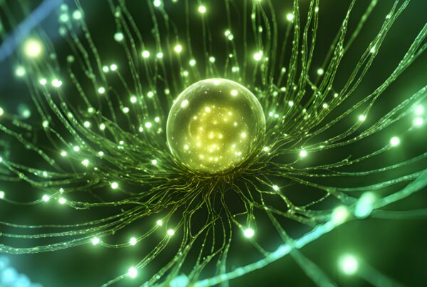 Abstract depiction of luminescent neuron network with glowing strands.