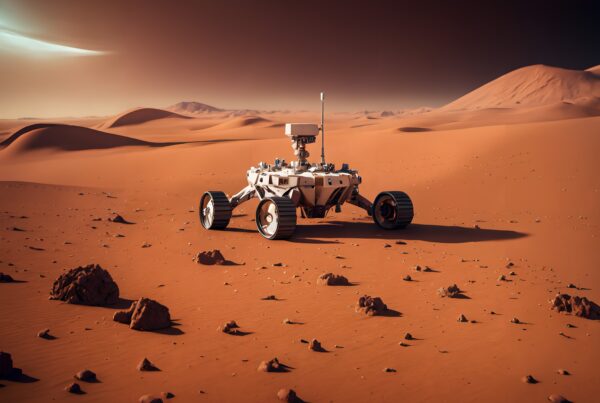 A rover navigates a Mars-like desert landscape with red sand dunes.