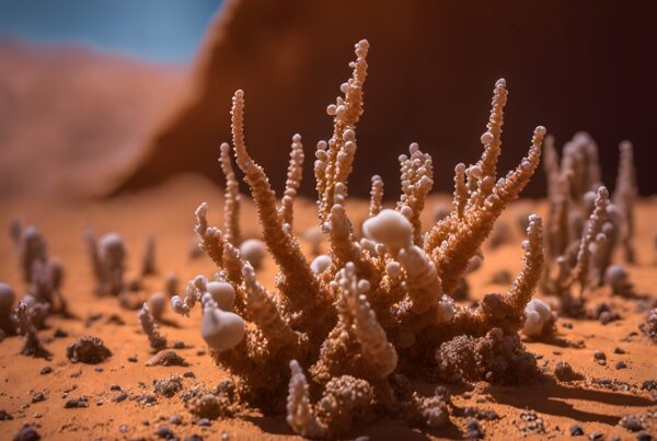 Close-up of alien-like coral structures in a desert landscape, featuring intricate details and shadows.