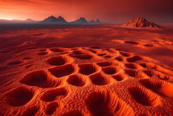 A surreal red desert landscape with crater-like formations and distant mountains under a glowing sky.