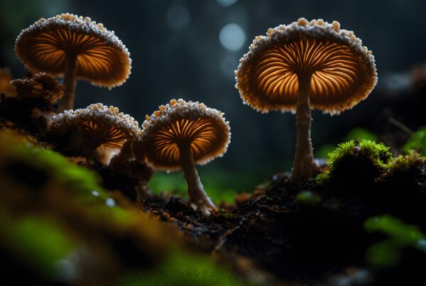 Illuminated frilled mushrooms in forest setting.