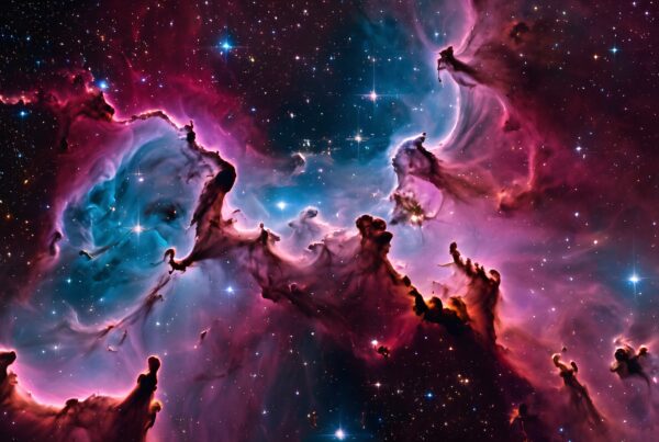 A vibrant, colorful nebula with stars in deep space.