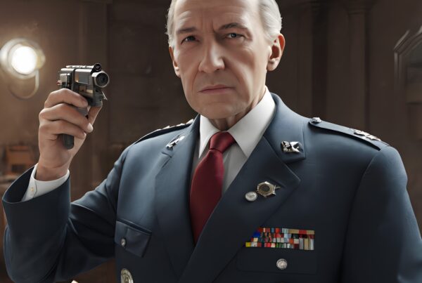 A stern military leader in uniform holds a camcorder, capturing a message in a dimly lit office.