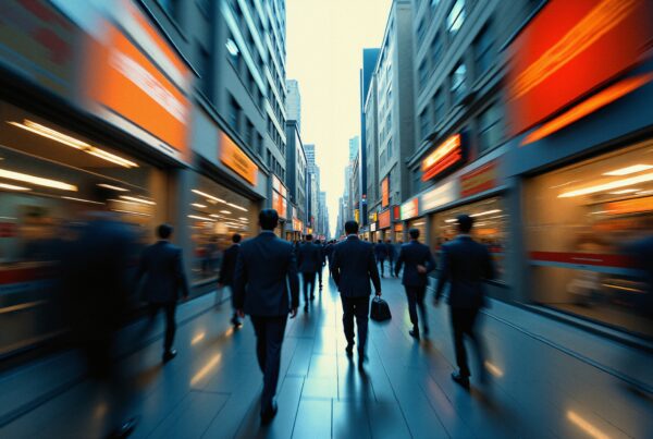 A busy city street with blurred motion, capturing people in suits walking amidst tall buildings with bright signs.